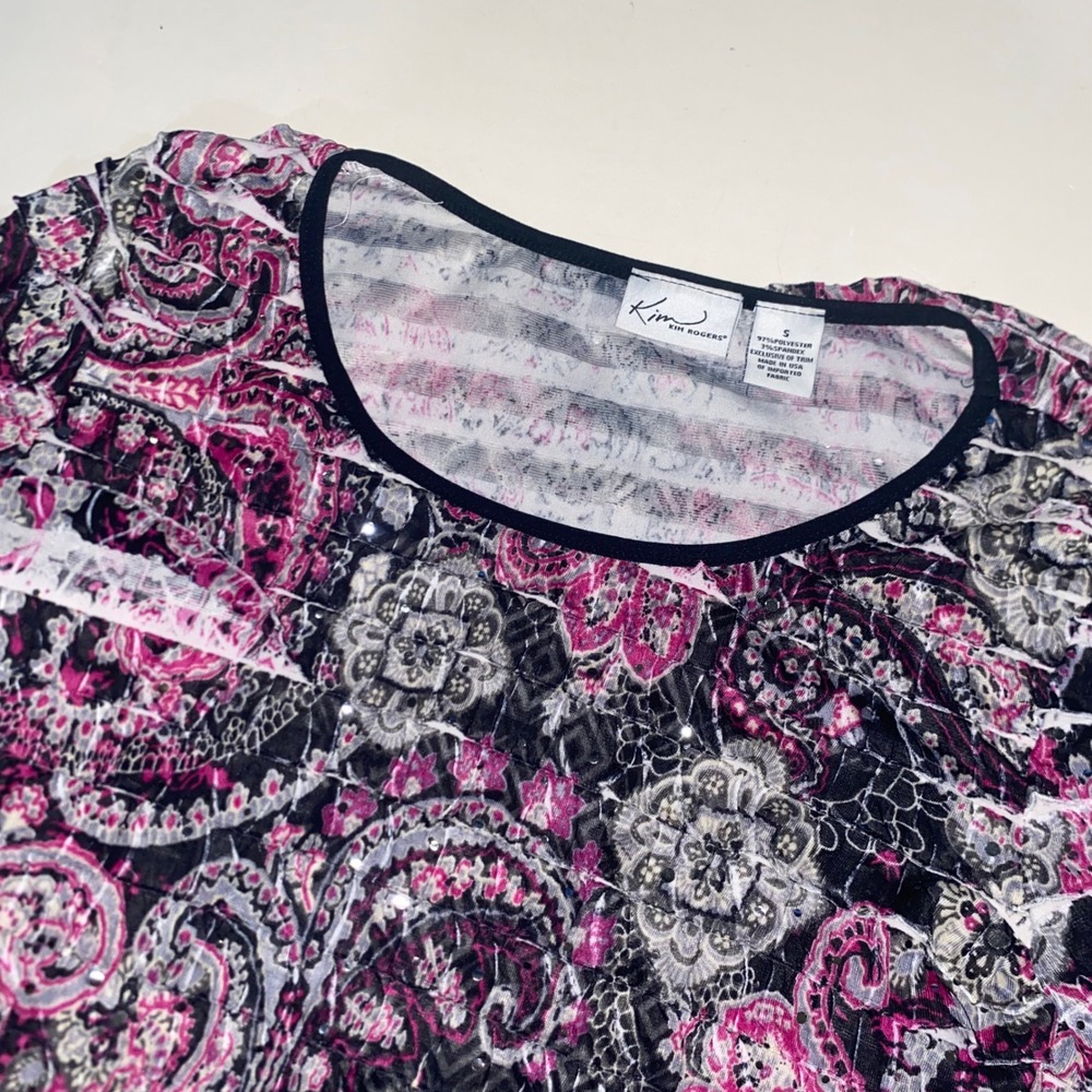 Kim Rogers Womens Paisley Sequin Ruffle Blouse Pink Black 3/4 Sleeve Small